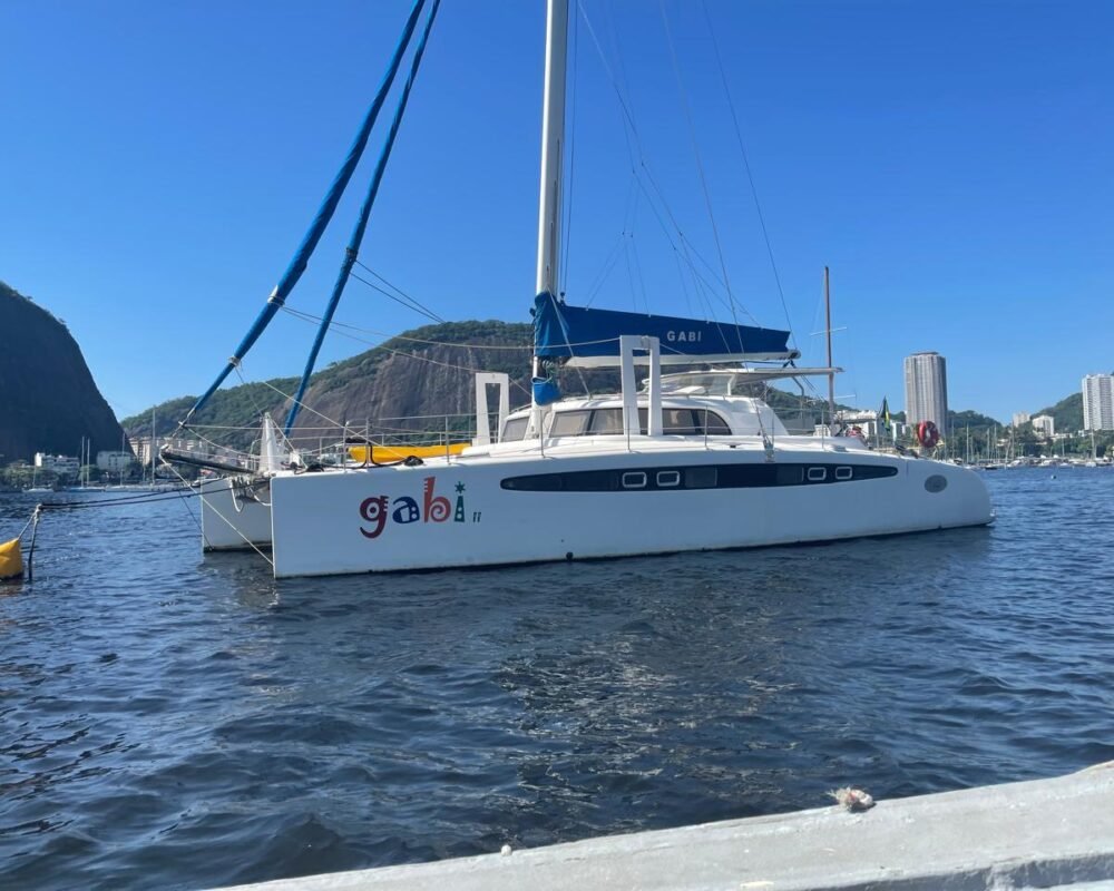 Vista lateral do catamarã Dolphin 46′, em passeio náutico pela Baía de Guanabara, Rio de Janeiro.