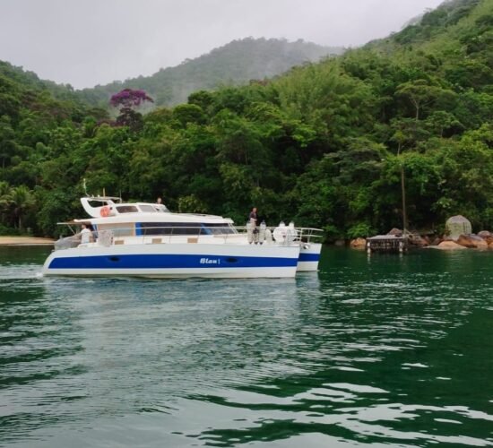 Catamarã Power Cat 40 navegando em águas tranquilas cercadas por vegetação exuberante no Rio de Janeiro. Ideal para aluguel de barco.