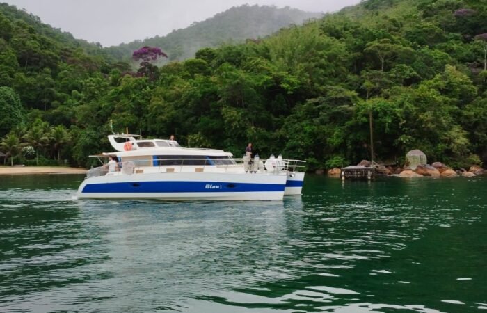 Catamarã Power Cat 40 navegando em águas tranquilas cercadas por vegetação exuberante no Rio de Janeiro. Ideal para aluguel de barco.