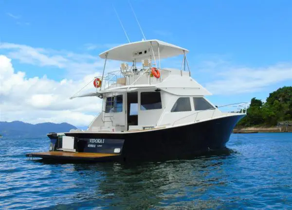 Vista lateral e popa de lancha Ocean Pro 55 navegando em Angra dos Reis