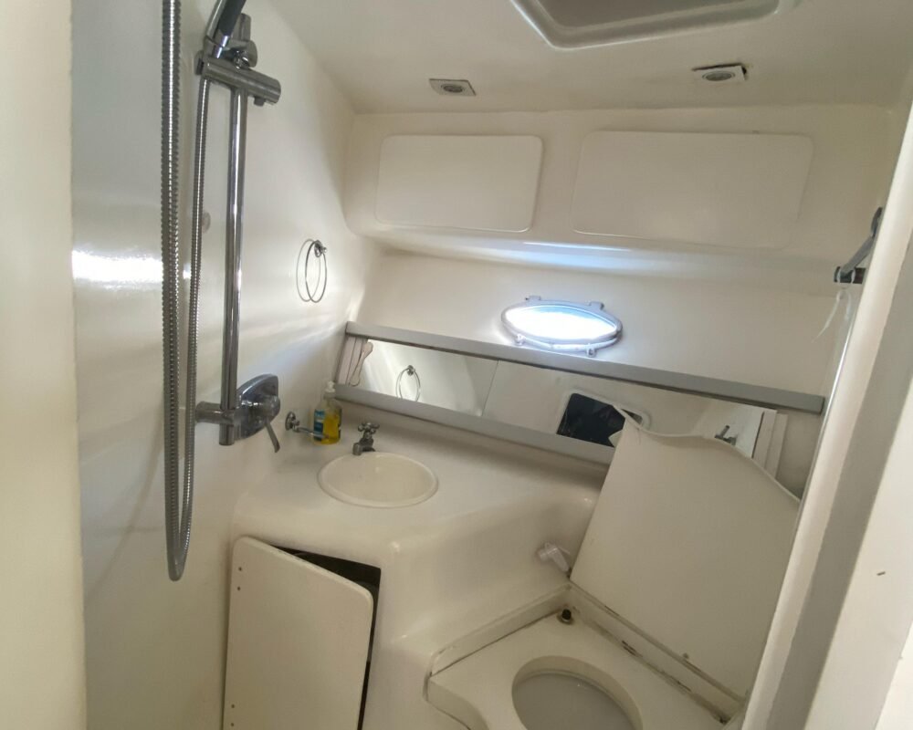Banheiro da lancha equipado com ducha, sanitário e espelho, garantindo praticidade e conforto para os passageiros durante o aluguel.