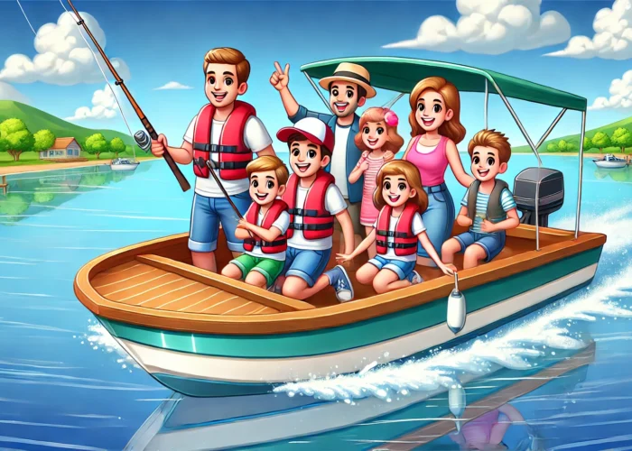 Imagem de desenho animado de uma família feliz e amigos em um barco aproveitando um dia ensolarado, usando coletes salva-vidas e praticando atividades como pesca e fotografia.