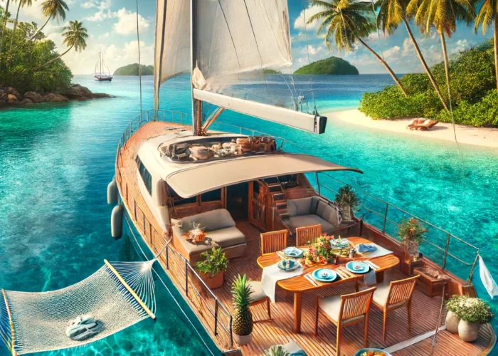 Cena de um veleiro ancorado perto de uma ilha tropical com água azul cristalina e uma área de jantar aconchegante no deck, com frutas frescas, saladas e frutos do mar.