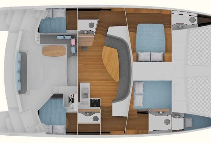 Planta baixa do interior do catamarã, mostrando cabines, salão, cozinha e banheiros distribuídos nos dois cascos.