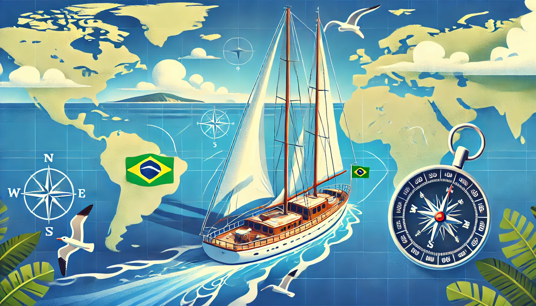 Ilustração em estilo cartoon de um iate à vela cruzando o oceano Atlântico do Brasil aos Estados Unidos. O barco navega em águas azul-profundo sob um céu claro, com nuvens dispersas e uma linha costeira distante no horizonte. Elementos náuticos, como uma bússola e um mapa-múndi, indicam a rota da viagem. Gaivotas voam ao redor, reforçando o clima de aventura e descoberta.