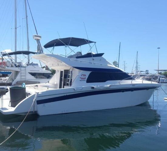 Vista lateral da Lancha Senna 42 atracada na marina, ideal para passeios de barco privativos no Rio de Janeiro.