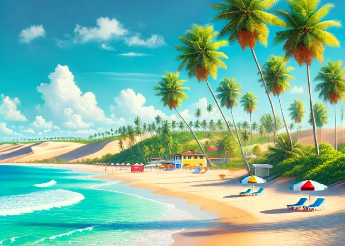 Uma praia tropical pitoresca no Nordeste do Brasil com águas cristalinas, areias brancas, palmeiras altas e um céu azul brilhante. A praia é serena, com alguns guarda-sóis coloridos e espreguiçadeiras, sugerindo um local perfeito para férias.