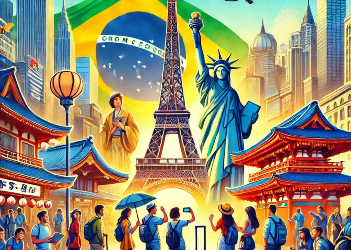 Turistas brasileiros explorando um destino internacional icônico com um marco famoso ao fundo, representando a curiosidade e o entusiasmo em viagens internacionais.