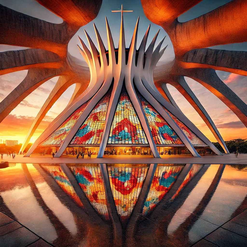 Vista panorâmica da Catedral Metropolitana de Brasília ao pôr do sol, destacando suas colunas e vitrais coloridos refletidos no espelho d'água.