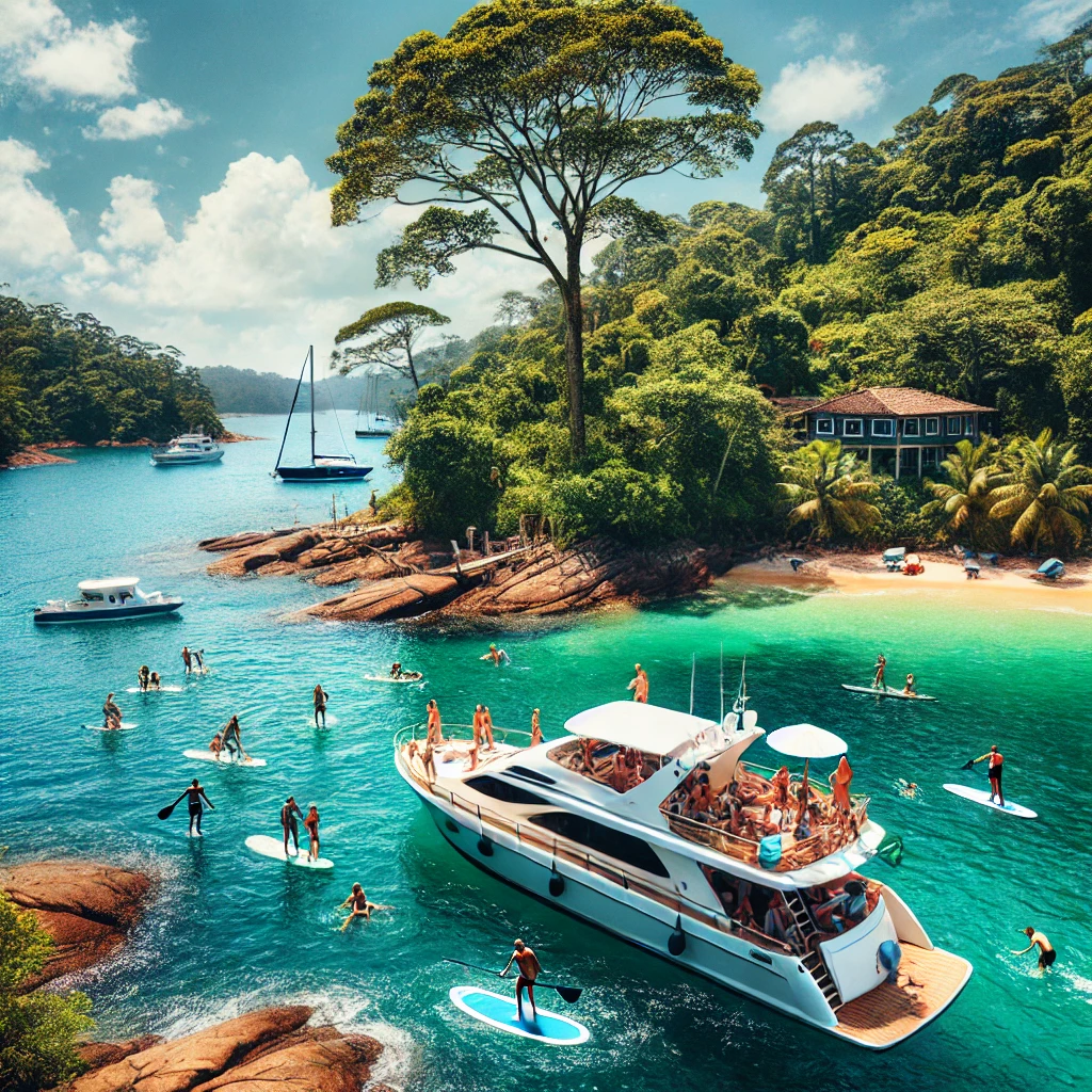 Lancha ancorada perto de uma ilha em Angra dos Reis, com pessoas praticando snorkeling, stand-up paddle e mergulho em águas cristalinas.