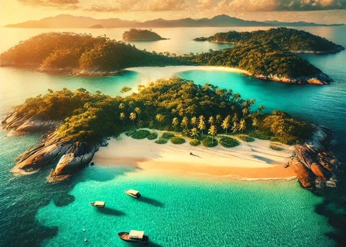 Imagem de uma ilha tropical brasileira com praia de areia branca, águas turquesas e vegetação exuberante, destacando pequenos barcos ancorados na costa e um afloramento rochoso ao fundo.