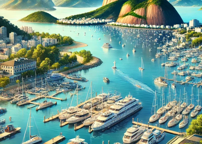 Marina no Rio de Janeiro com barcos atracados e o Pão de Açúcar ao fundo em um dia ensolarado.