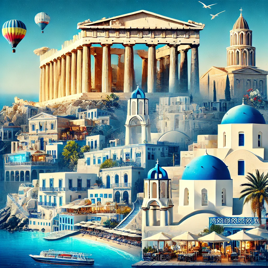 Imagem das melhores cidades para visitar na Grécia, incluindo o Parthenon em Atenas, edifícios brancos com cúpulas azuis em Santorini, e a vibrante vida noturna de Mykonos.