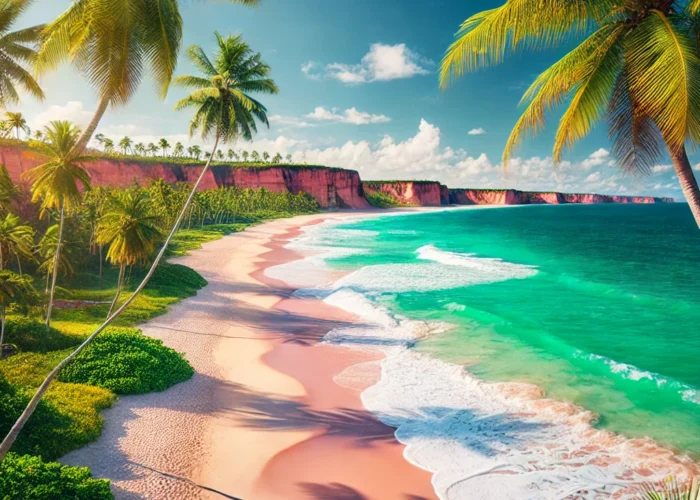 Imagem de uma praia deslumbrante no Nordeste do Brasil, com areia branca, águas turquesas e coqueiros, representando as melhores praias da região.