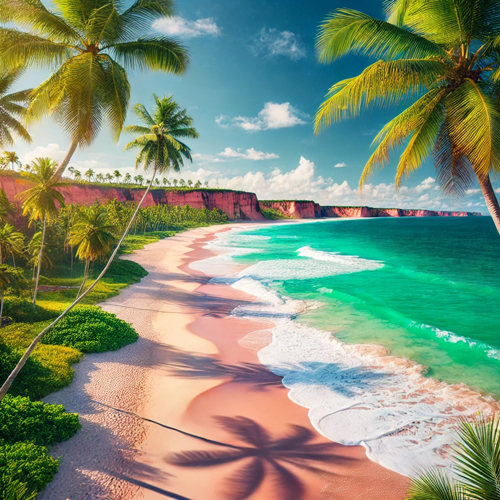 Imagem de uma praia deslumbrante no Nordeste do Brasil, com areia branca, águas turquesas e coqueiros, representando as melhores praias da região.