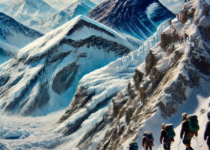 Imagem do Monte Everest no Nepal, mostrando o pico coberto de neve, terreno gelado e alpinistas subindo.