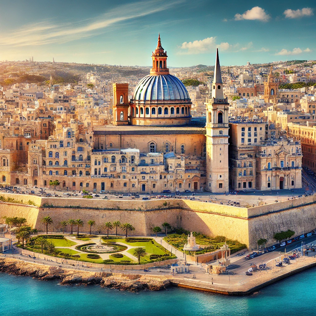 Vista panorâmica de Valletta, capital histórica de Malta, com a St. John's Co-Cathedral, o Palácio do Grão-Mestre e os Upper Barrakka Gardens.