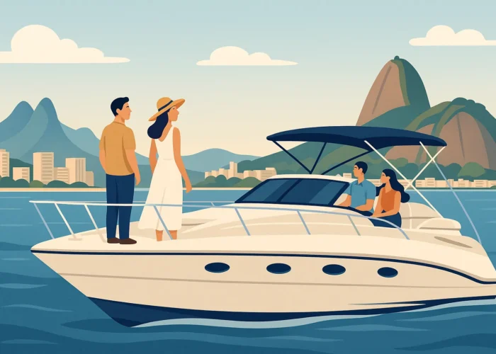 Casal aprecia o visual do Rio de Janeiro a bordo de uma lancha privativa com o Pão de Açúcar ao fundo — melhores passeios de barco no Rio de Janeiro.