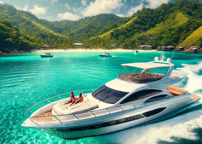 Lancha luxuosa navegando em águas cristalinas, próximo a uma costa tropical com ilhas e praias paradisíacas no Brasil.