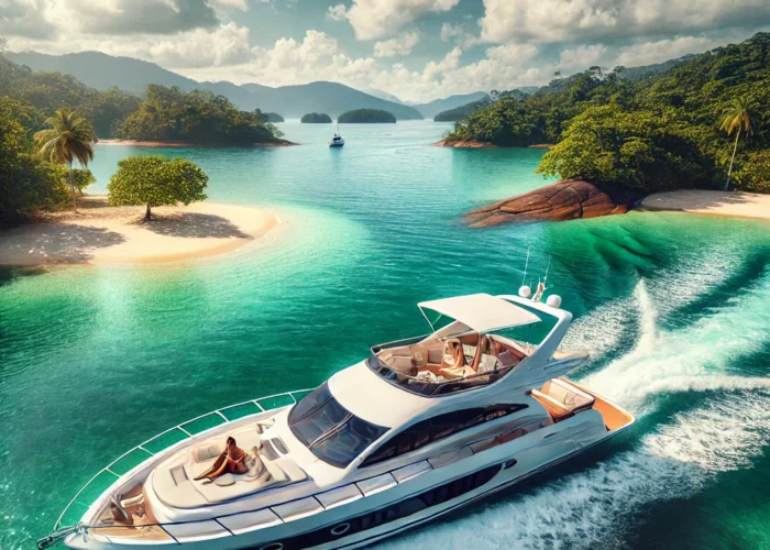 Imagem de um barco de luxo navegando nas águas cristalinas de Angra dos Reis, cercado por ilhas tropicais e céu azul.