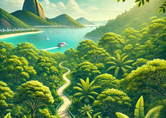 Paisagem verdejante e vibrante no Rio de Janeiro, mostrando uma floresta tropical densa com uma trilha sinuosa e um barco nas águas calmas da baía.