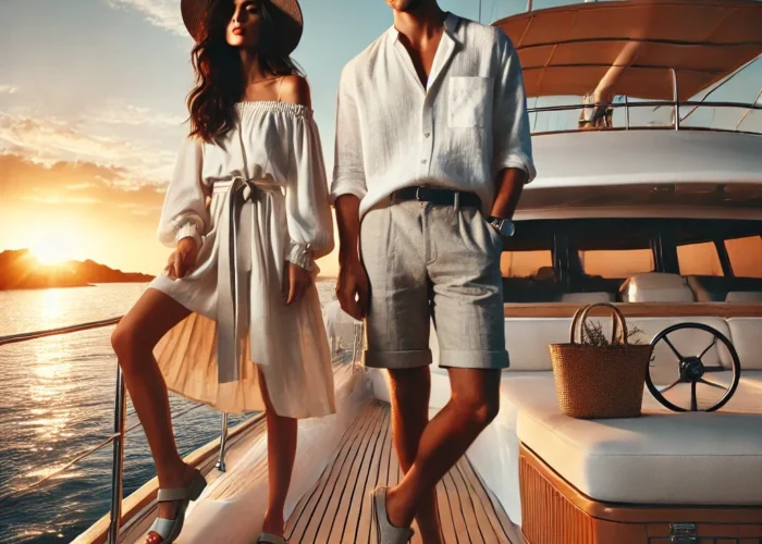 Mulher e homem em um iate ao pôr do sol, vestindo roupas leves e elegantes, perfeitas para uma festa no barco. A mulher usa vestido branco fluido e sandálias, enquanto o homem veste camisa de linho e bermuda leve.