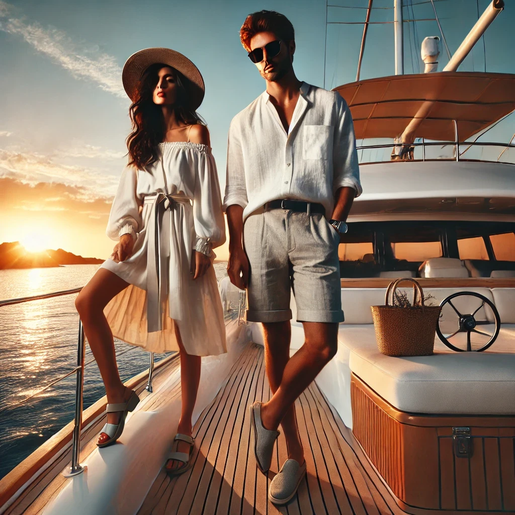 Mulher e homem em um iate ao pôr do sol, vestindo roupas leves e elegantes, perfeitas para uma festa no barco. A mulher usa vestido branco fluido e sandálias, enquanto o homem veste camisa de linho e bermuda leve.