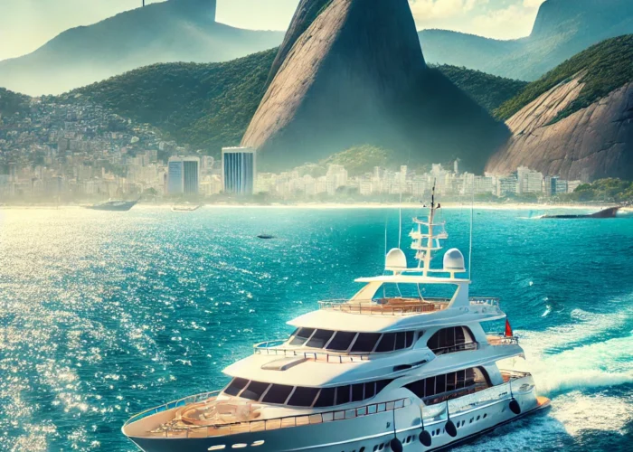 Iate de luxo navegando pelas águas cristalinas do Rio de Janeiro com o Pão de Açúcar ao fundo em um dia ensolarado.
