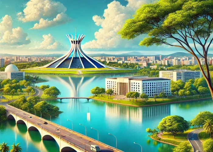 Paisagem natural de Brasília com o Parque da Cidade e as águas calmas do Lago Paranoá sob um céu azul vibrante.