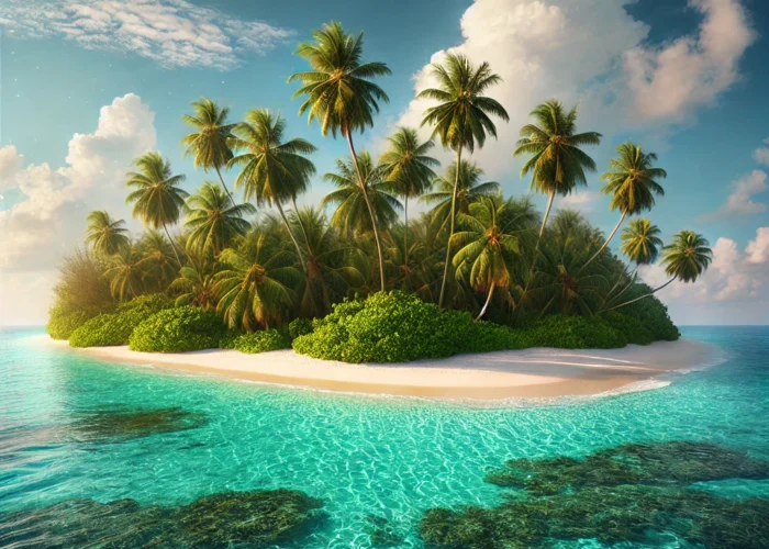 Ilha tropical paradisíaca cercada por águas cristalinas e praia de areia branca, com palmeiras ao fundo.