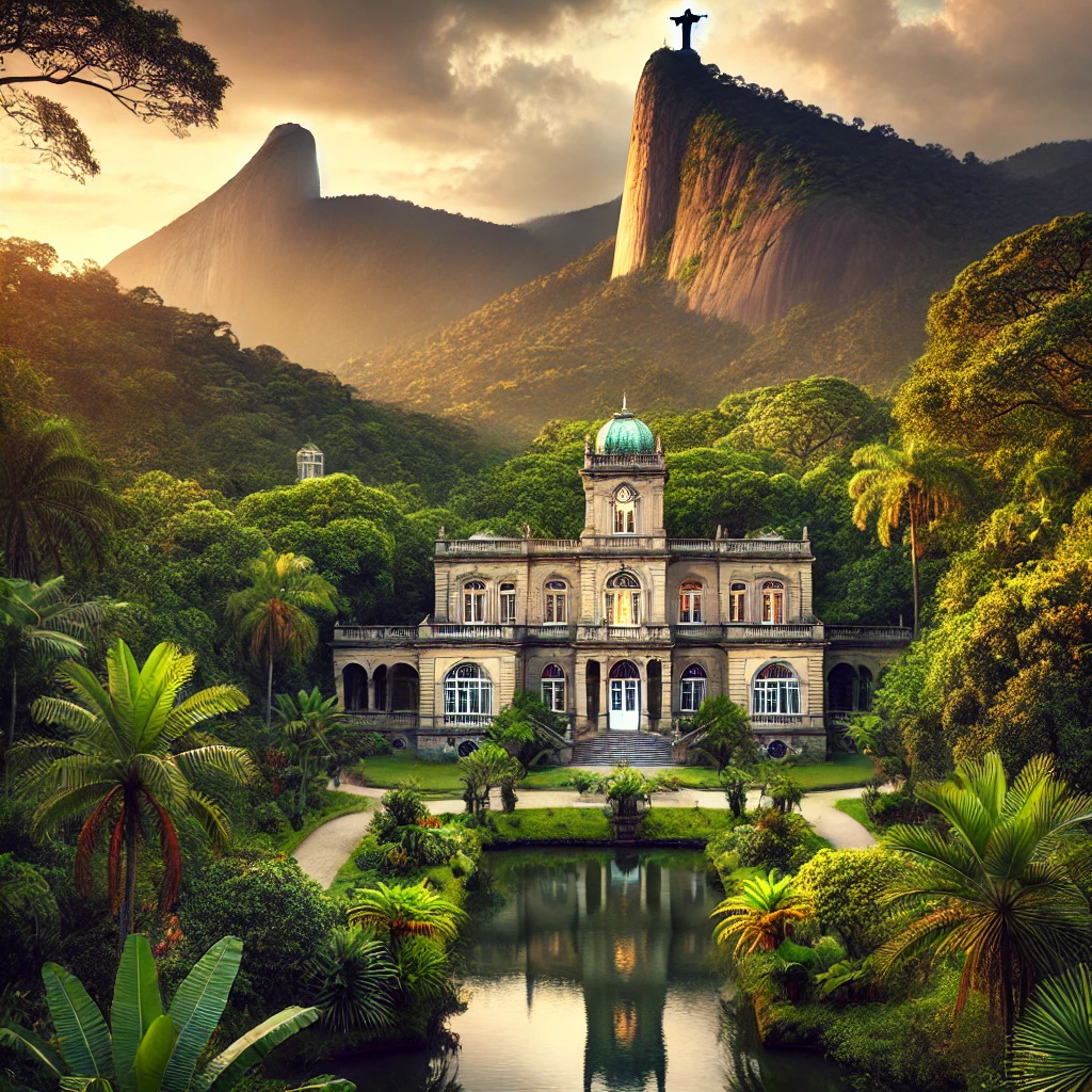 Vista do Parque Lage, com sua mansão histórica rodeada por jardins exuberantes e o Cristo Redentor no fundo, no topo do Corcovado.