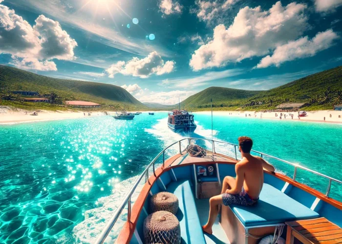 Passeio de barco pelas águas cristalinas de Arraial do Cabo, com céu azul e paisagem tropical ao fundo, incluindo praias de areia branca e colinas verdes.