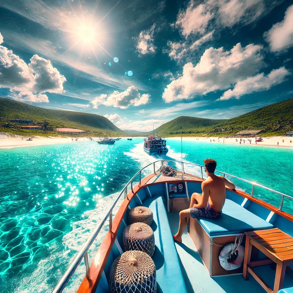 Passeio de barco pelas águas cristalinas de Arraial do Cabo, com céu azul e paisagem tropical ao fundo, incluindo praias de areia branca e colinas verdes.