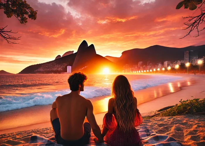 Casal romântico assistindo ao pôr do sol em uma praia do Rio de Janeiro com o Pão de Açúcar ao fundo.