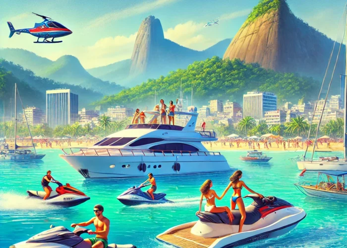 Passeio de aventura no Rio de Janeiro com pessoas em barco, lancha, iate e jet ski, com o Pão de Açúcar e o Cristo Redentor ao fundo.