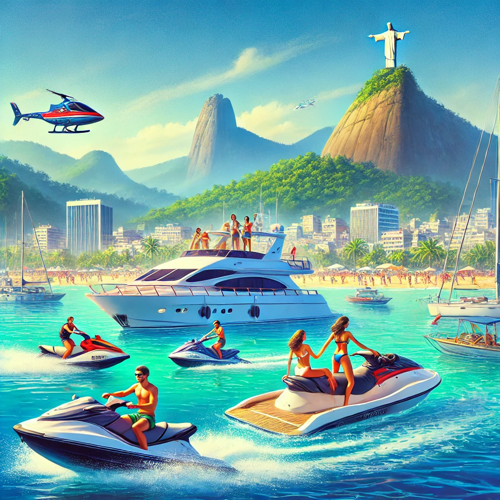 Passeio de aventura no Rio de Janeiro com pessoas em barco, lancha, iate e jet ski, com o Pão de Açúcar e o Cristo Redentor ao fundo.