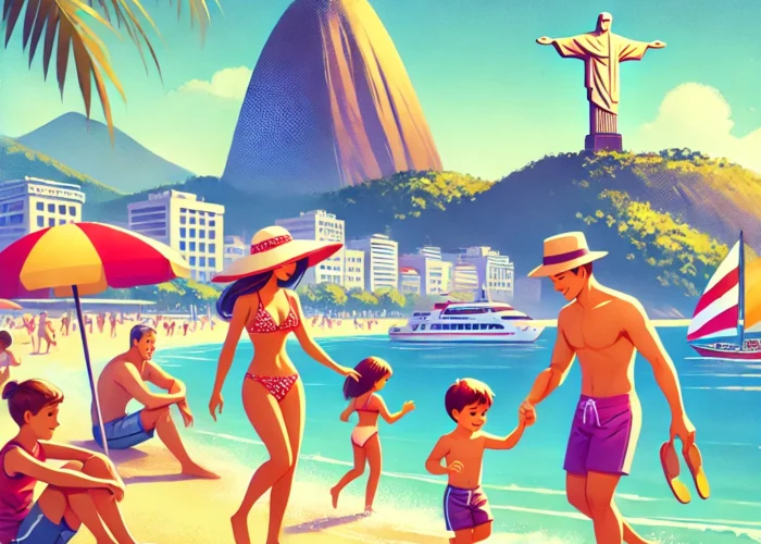 Família aproveitando um dia ensolarado na praia no Rio de Janeiro, com vista para o Pão de Açúcar e o Cristo Redentor ao fundo, e barcos ao longe.