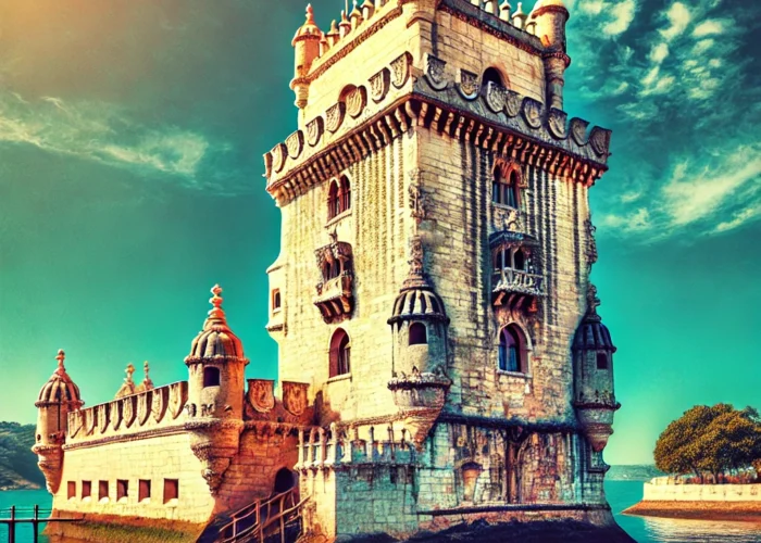 Imagem da Torre de Belém em Lisboa, Portugal, em um dia ensolarado, com céu azul claro e o rio Tejo refletindo a torre, destacando a arquitetura manuelina.