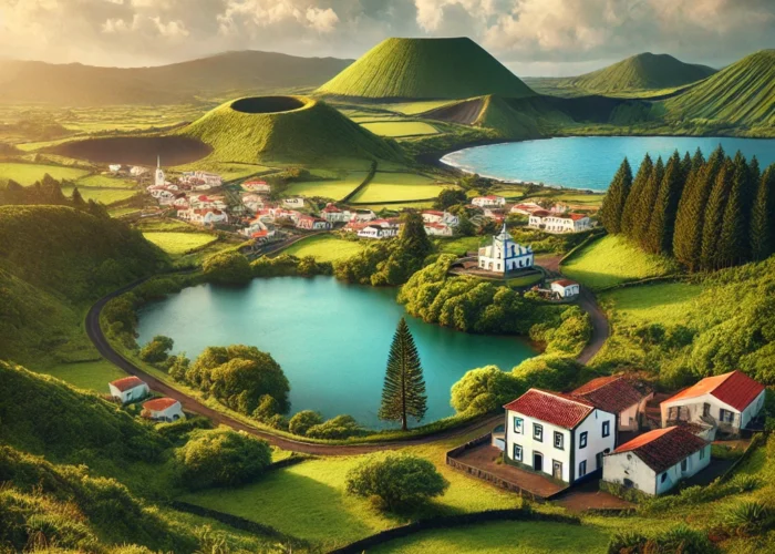 Paisagem idílica dos Açores com colinas verdes, crateras vulcânicas e uma lagoa azul tranquila, ao fundo casas tradicionais com telhados vermelhos e estrada sinuosa até a costa.