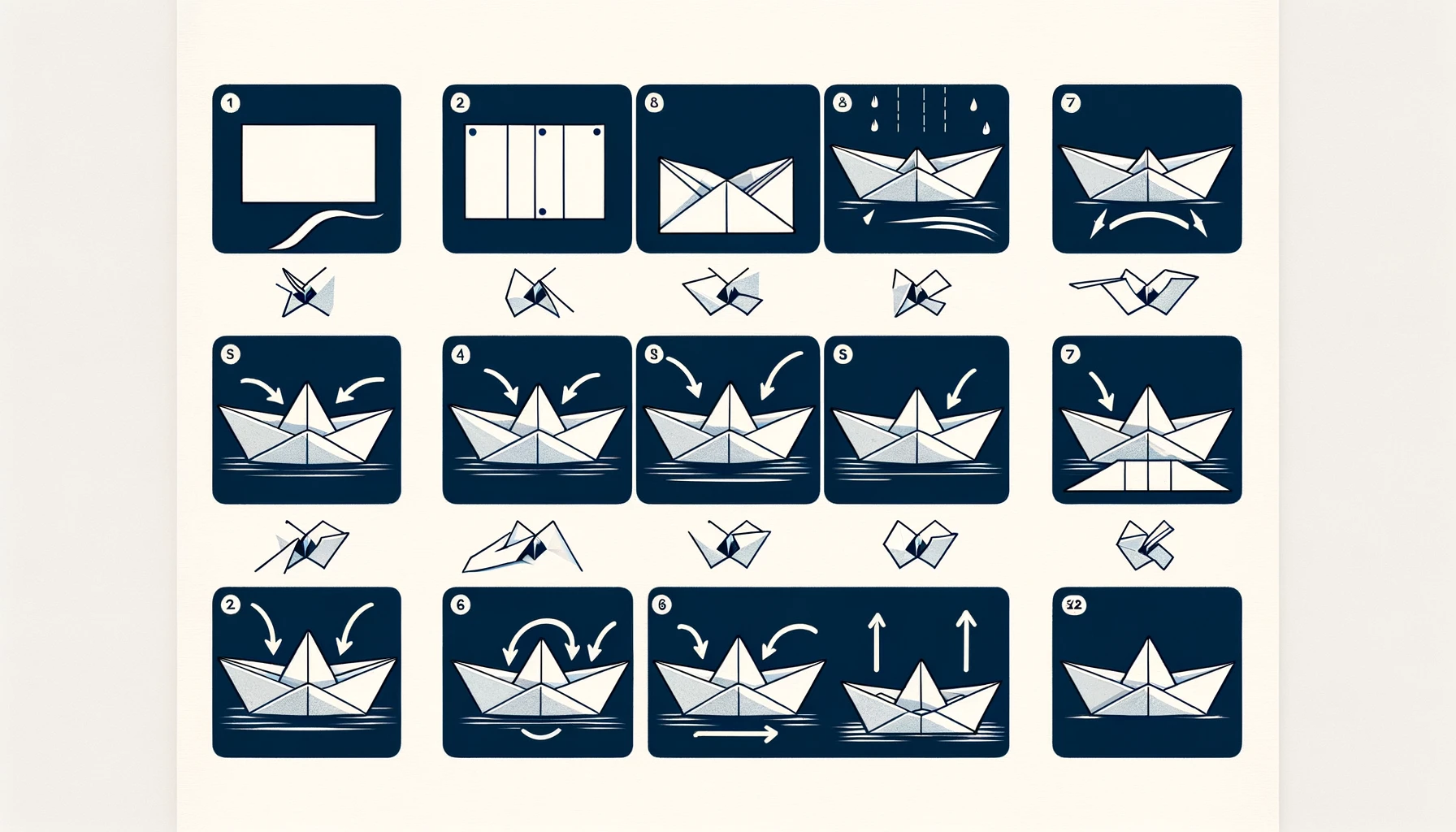 Diagrama passo a passo mostrando como fazer um barco de papel, começando com uma folha retangular e dobrando até formar o barco.