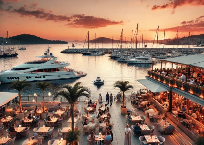 Marina da Glória ao entardecer, com iates de luxo ancorados e restaurantes elegantes com vista para a Baía de Guanabara. Pessoas apreciam refeições ao ar livre, com uma atmosfera tranquila e acolhedora, enquanto o céu está tingido de tons laranja e rosa do pôr do sol.