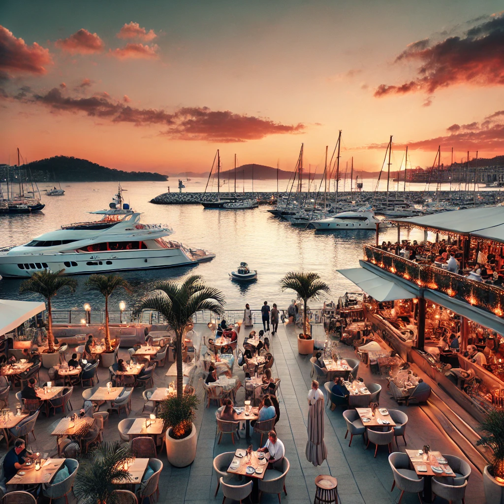 Marina da Glória ao entardecer, com iates de luxo ancorados e restaurantes elegantes com vista para a Baía de Guanabara. Pessoas apreciam refeições ao ar livre, com uma atmosfera tranquila e acolhedora, enquanto o céu está tingido de tons laranja e rosa do pôr do sol.