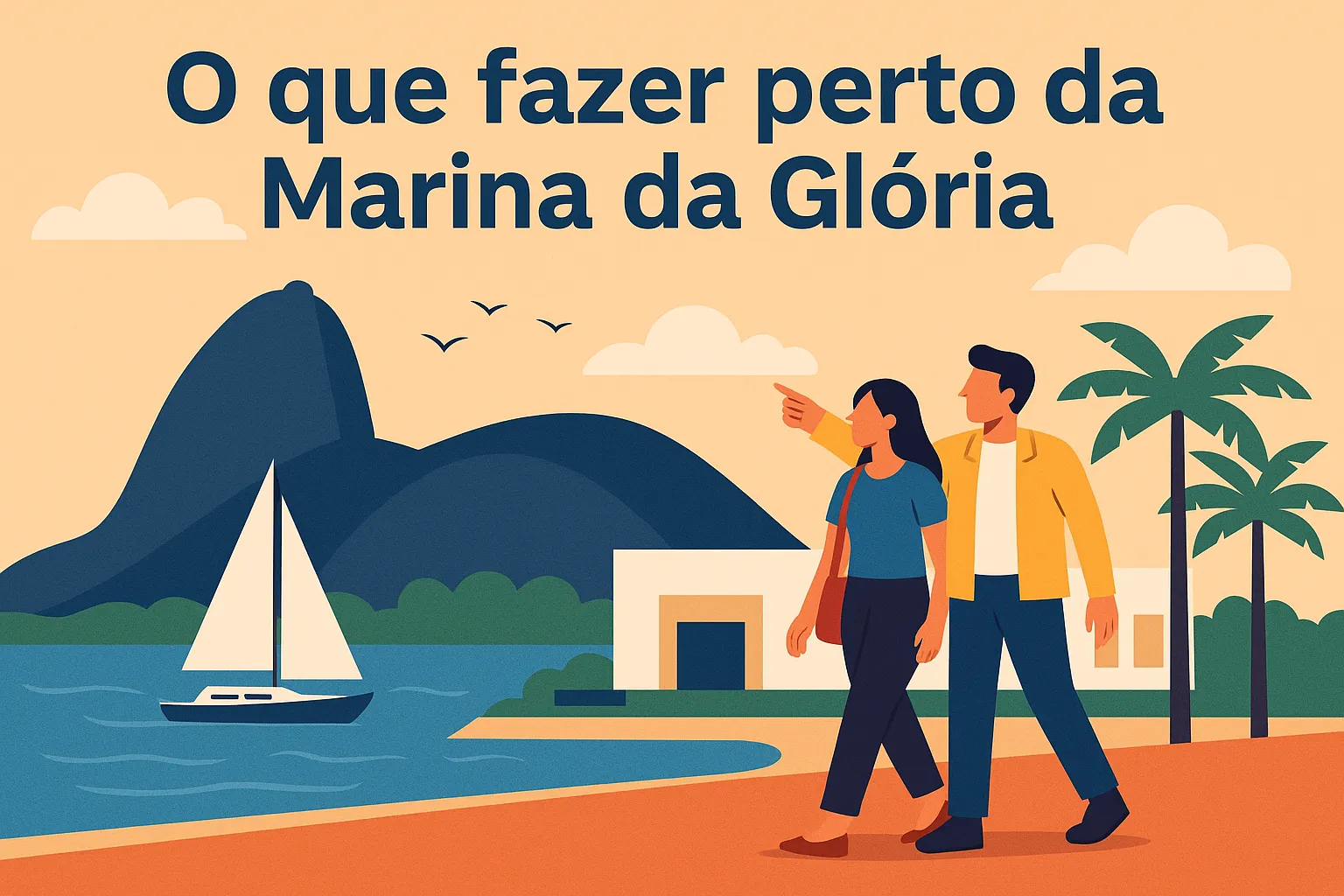Casal caminhando próximo à Marina da Glória com vista para a Baía de Guanabara, veleiro e o Pão de Açúcar ao fundo.