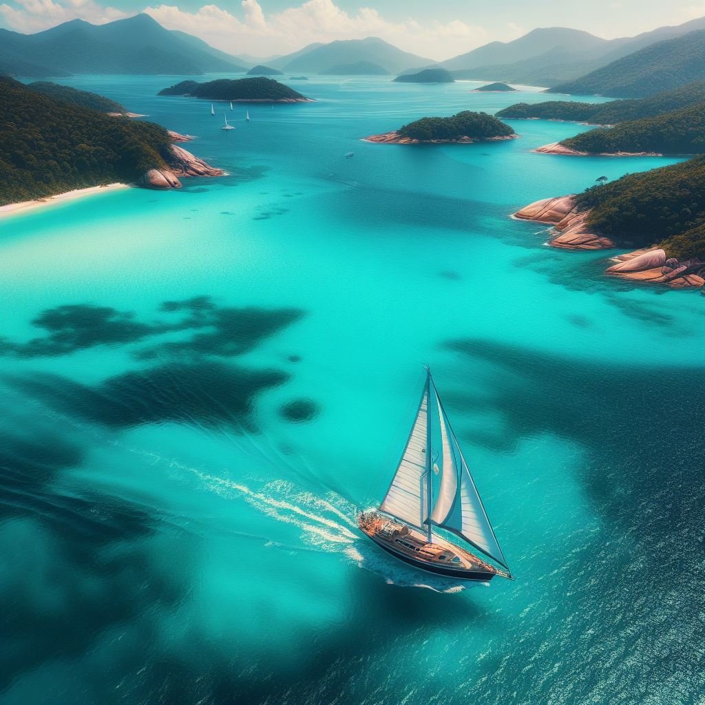 Veleiro barco a vela navegando em águas azul-turquesa da Caixa d'Aço, Santa Catarina