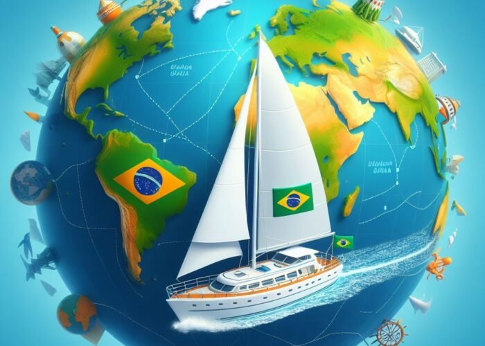 Ilustração de um globo terrestre com um veleiro carregando a bandeira do Brasil navegando ao redor do mundo.