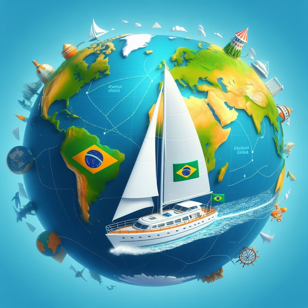 Ilustração de um globo terrestre com um veleiro carregando a bandeira do Brasil navegando ao redor do mundo.