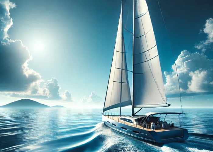 Barco a vela moderno navegando em águas calmas, com velas cheias de vento sob um céu claro e uma ilha distante no horizonte.