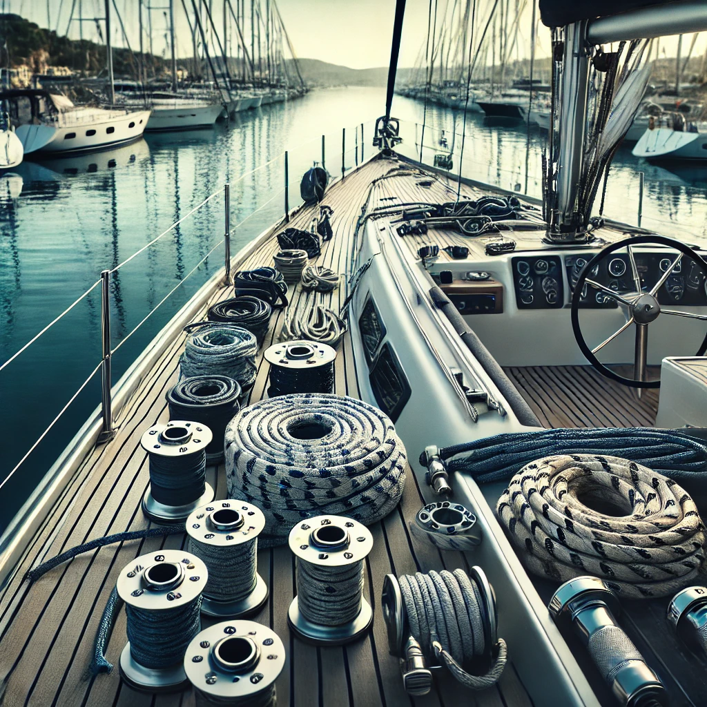 Imagem de um veleiro bem-equipado ancorado em uma marina, com cabos náuticos enrolados no convés e barcos ao fundo.