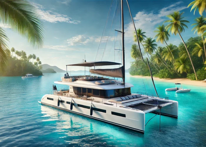 Catamarã de luxo navegando em águas cristalinas com acessórios visíveis, como coletes salva-vidas e áreas sombreadas, em um cenário tropical com ilhas ao fundo.