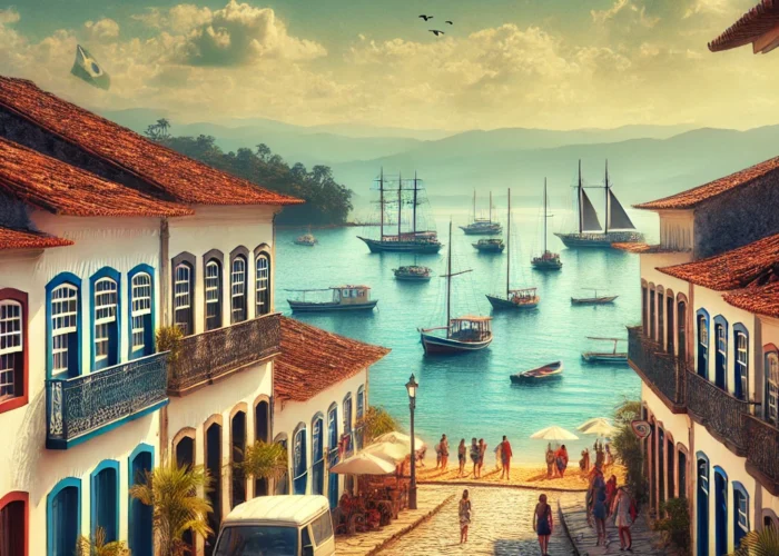 Imagem da arquitetura colonial de Paraty com barcos ancorados ao fundo e turistas passeando pelas ruas de paralelepípedos, representando um roteiro de 3 dias na cidade.